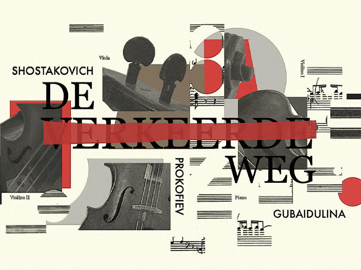 Collage of black and white snippets of instruments, titles of music pieces and music scores with red details